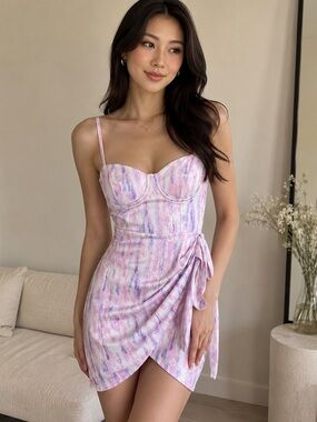 Michael Costello Pink and Lavender Watercolor Satin Mini Dress